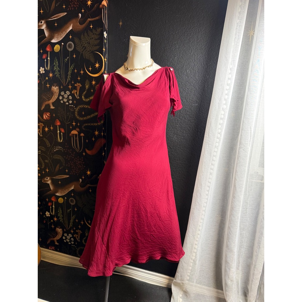 Talbots Silk Cowl Neck Midi Dress Raspberry Pink Split Flutter Sleeve Size 8